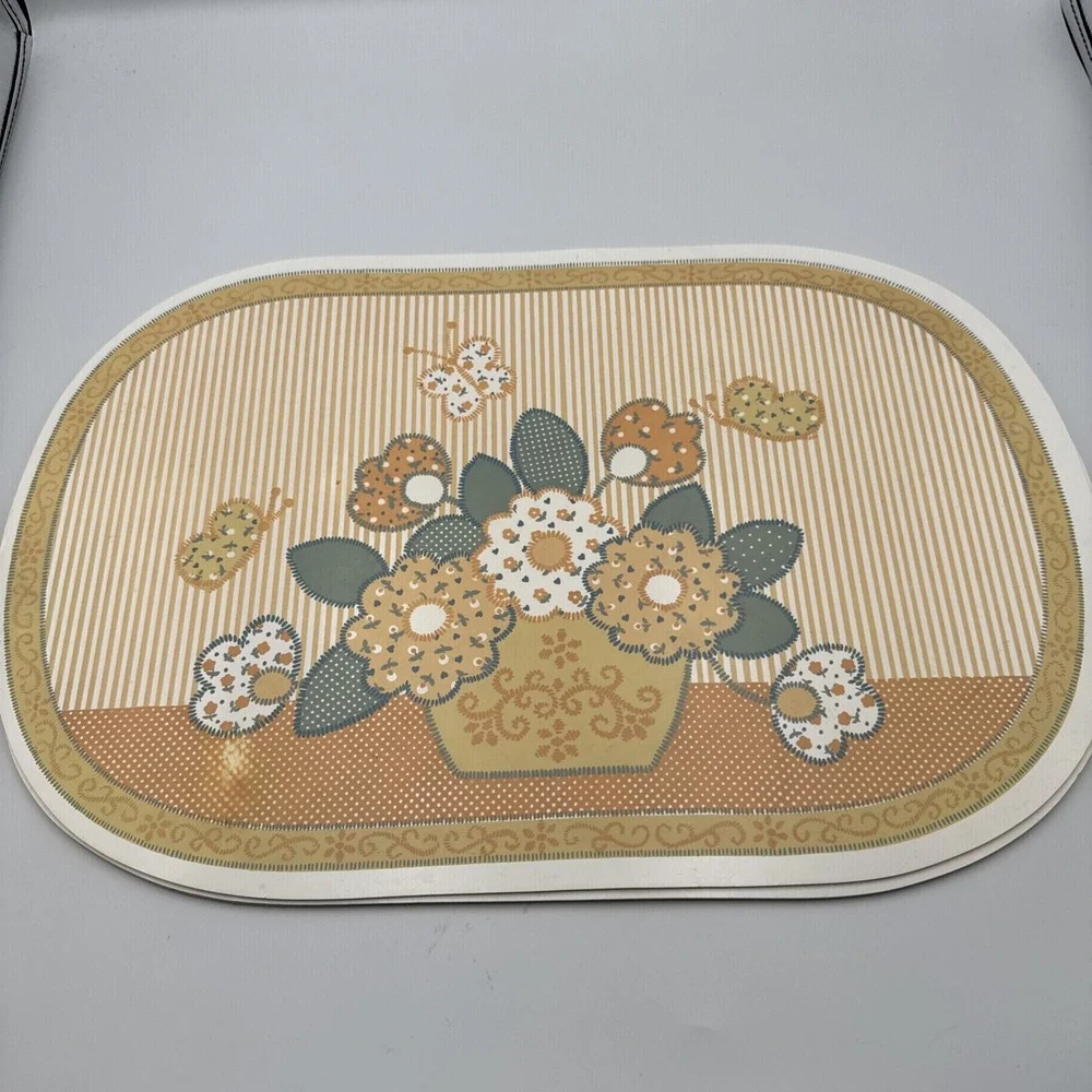 Set Of 3 Yellow Floral Placemats Vinyl Cover 1970's. Granny Core Cottage Core